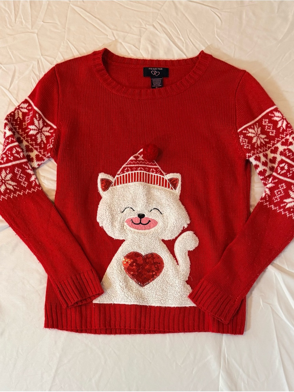 It's Our Time Red Holiday Sweater with Kitten Appliqué Girls XL (QQ3)